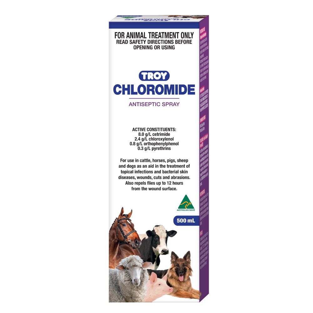 Troy Chloromide 500ml antiseptic spray packaging for animal treatment on a white background