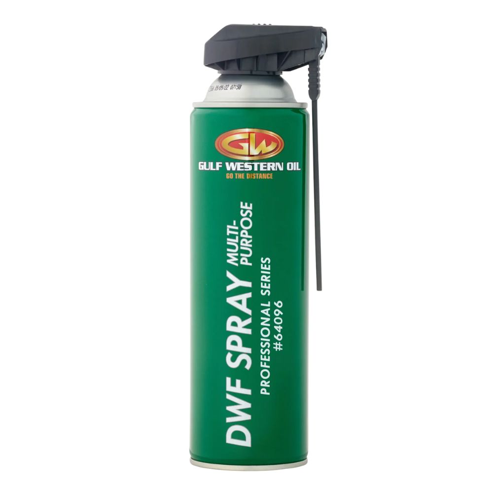 Green DWF spray can with Gulf Western Oil logo on a white background