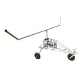 Metal mechanical junior irrigator with wheels and a long rod on a white background