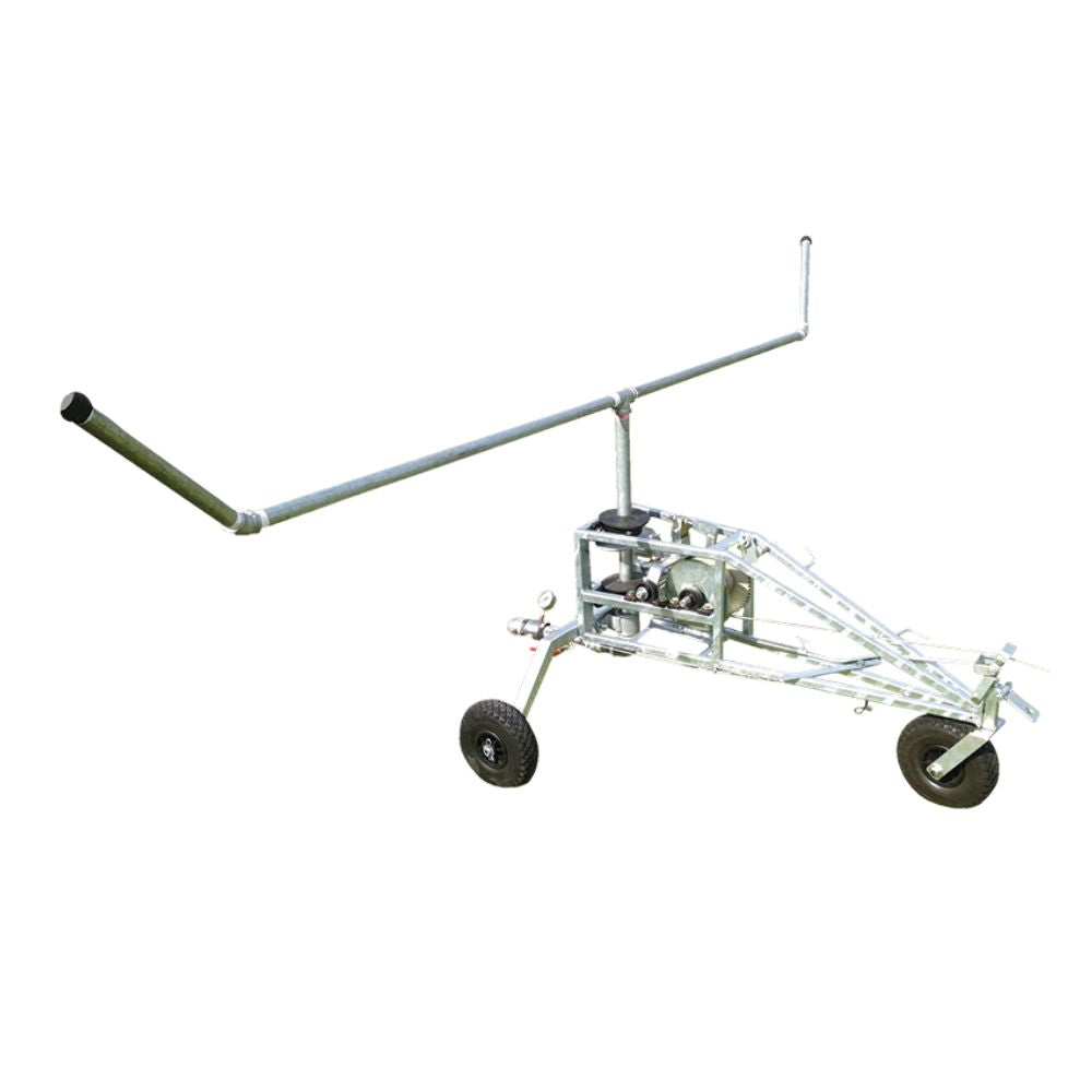 Metal mechanical junior irrigator with wheels and a long rod on a white background