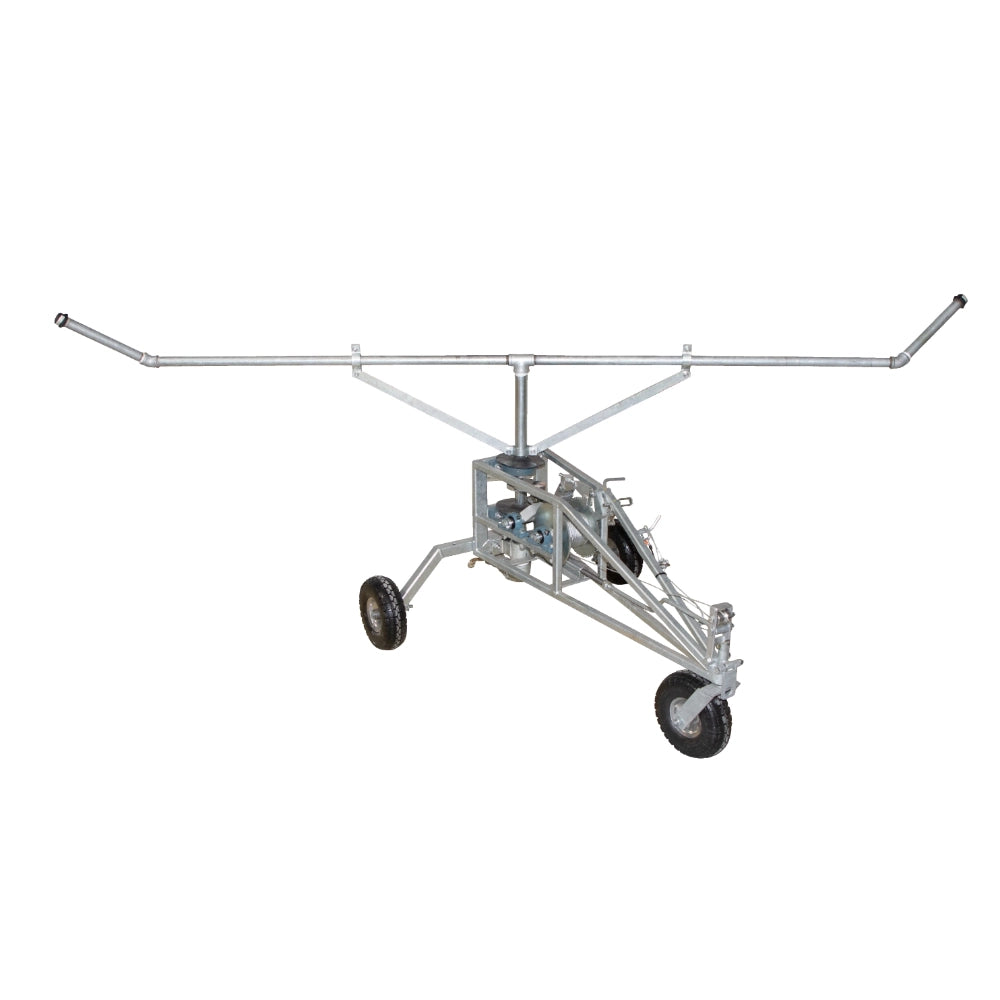 Metal junior irrigator with wheels on a white background