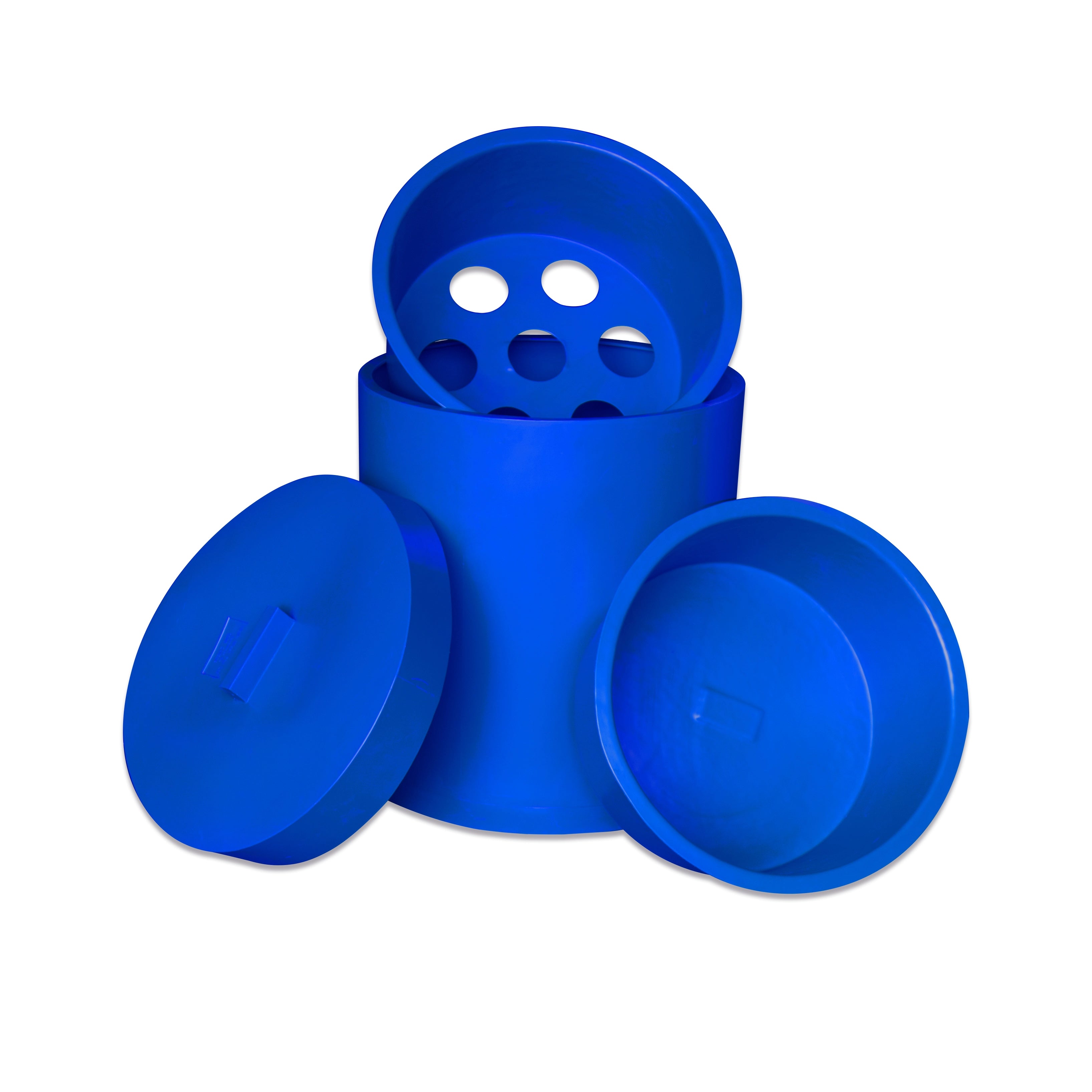Blue plastic animal feed container with lid on a white background