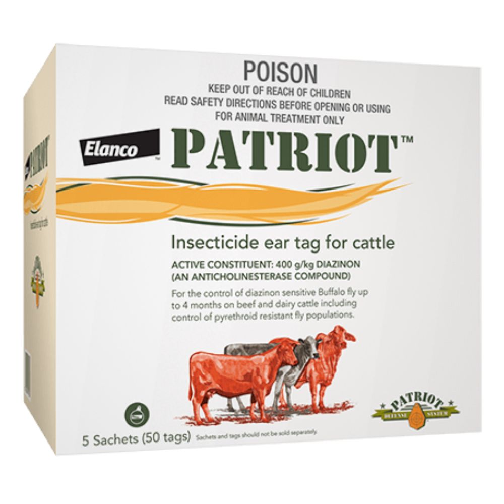 Box of Elanco Patriot insecticide ear tag for cattle on a white background