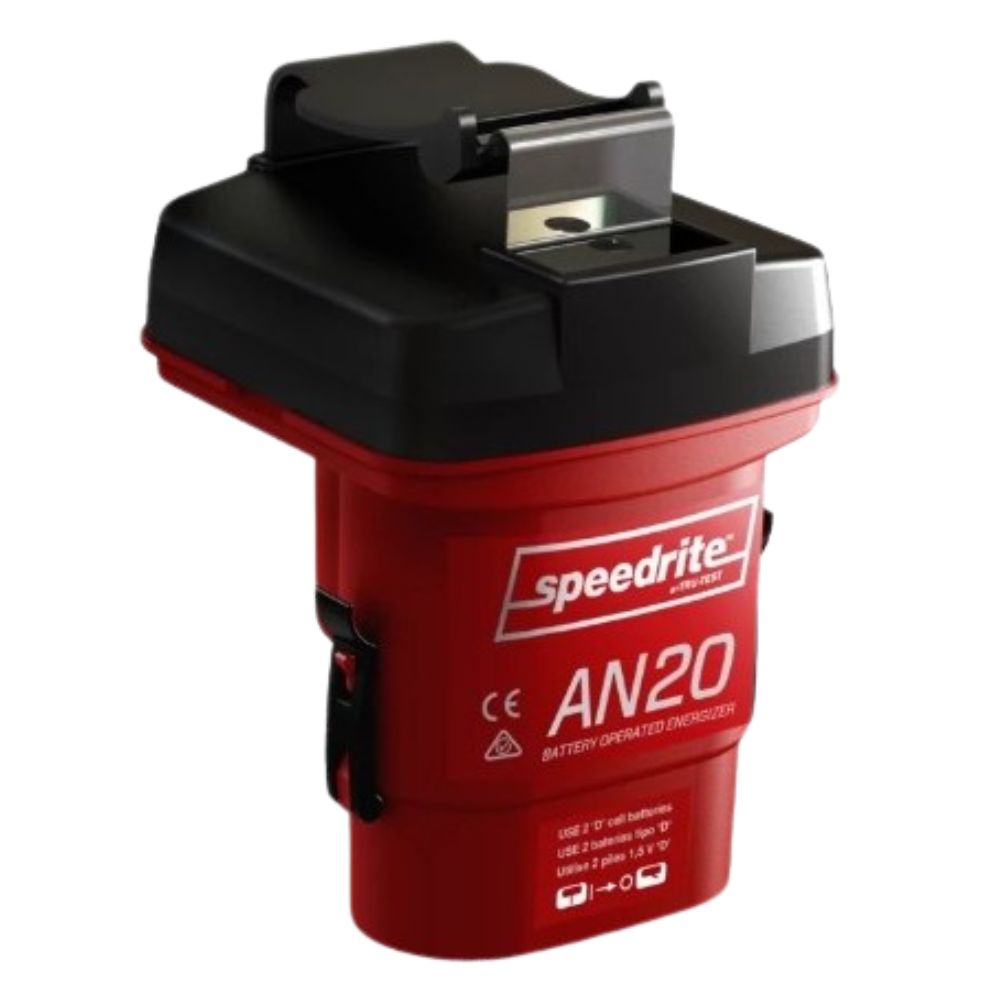 Red and black speedrite AN20 battery-operated electric fence energiser on a white background