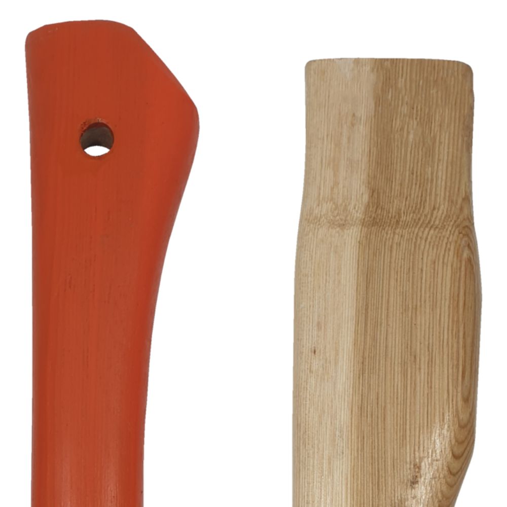 Close-up of a red and a wooden axe handle on a white background