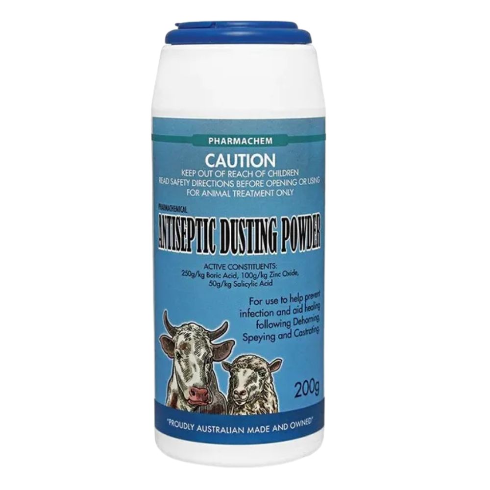 Antiseptic dusting powder container 200g with blue and white label on a white background