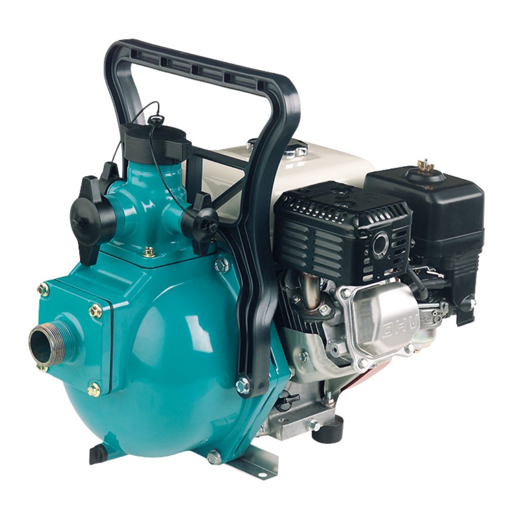 Turquoise water pump with black and gray engine on a white background