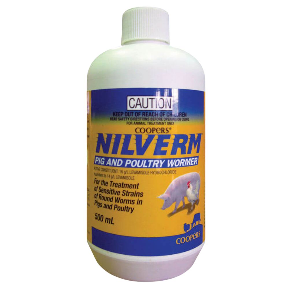 Coopers Nilverm 500ml pig and poultry wormer bottle with blue and yellow label on a white background
