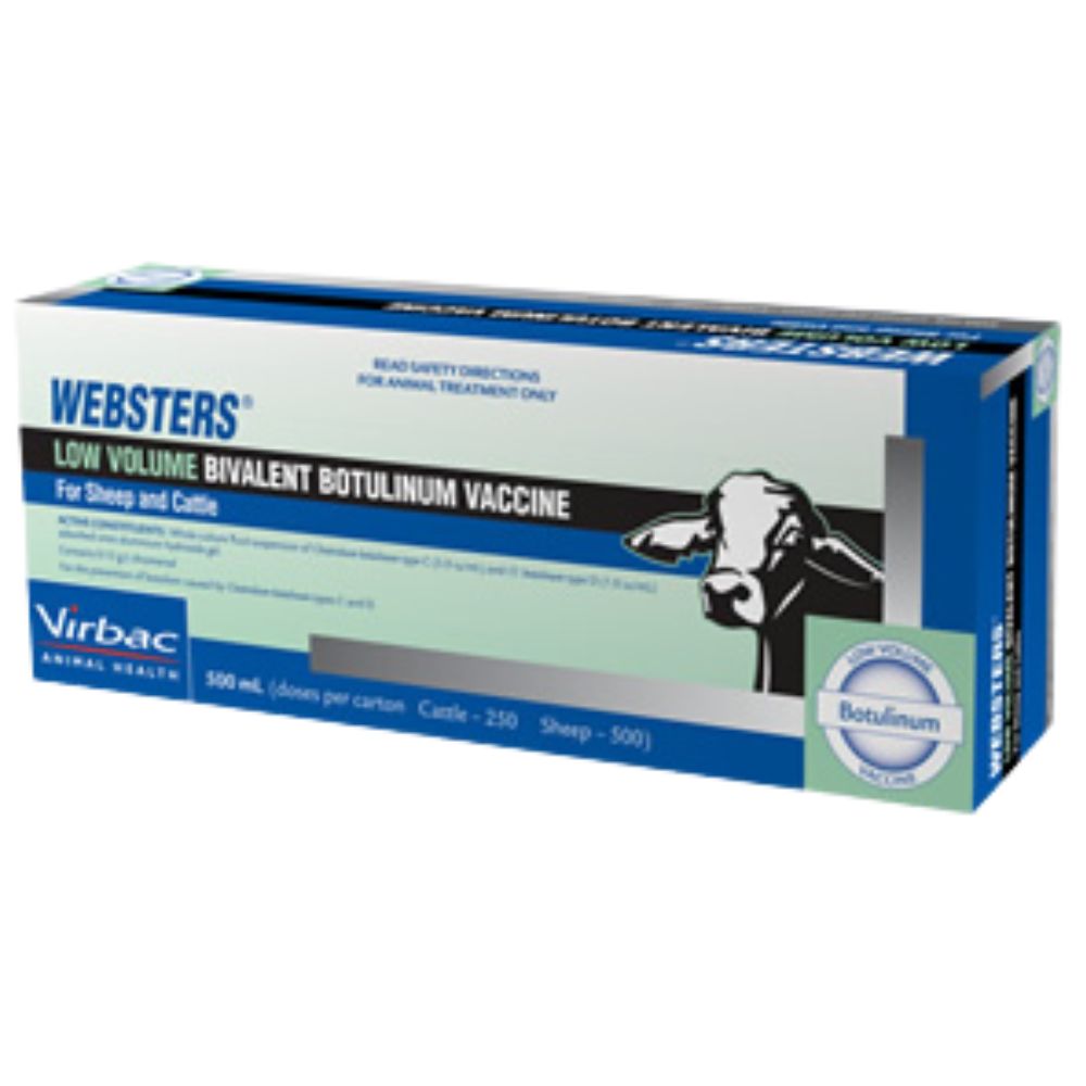 Box of Websters 500ml Low Volume Bivalent Botulinum Vaccine for sheep and cattle on a white background