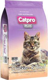 Catpro Plus cat food package with a cat on the label