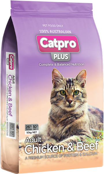 Catpro Plus cat food package with a cat on the label