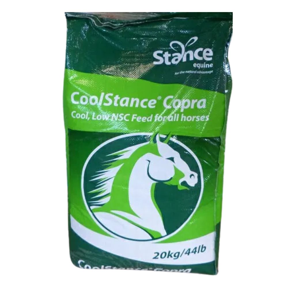Green bag of Stance Equine CoolStance Copra feed for horses on a white background
