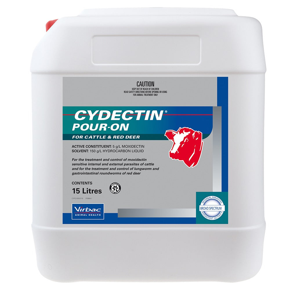 Cydectin 15 litre Pour-On container for cattle and red deer on a white background