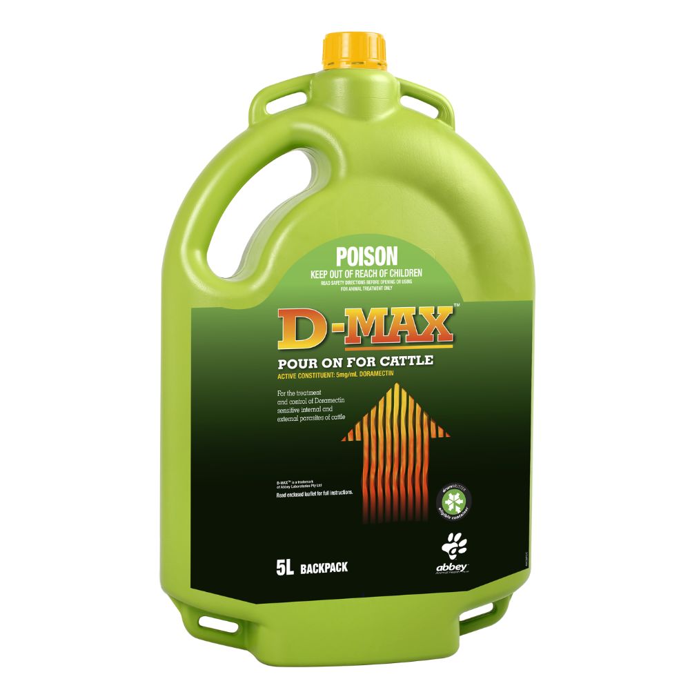 Green D-Max pour on container for cattle with yellow cap on a white background