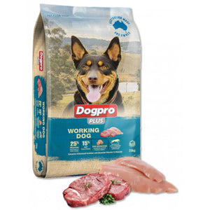 Dogpro Plus Working Dog food packaging with a dog on the label and raw meat in front