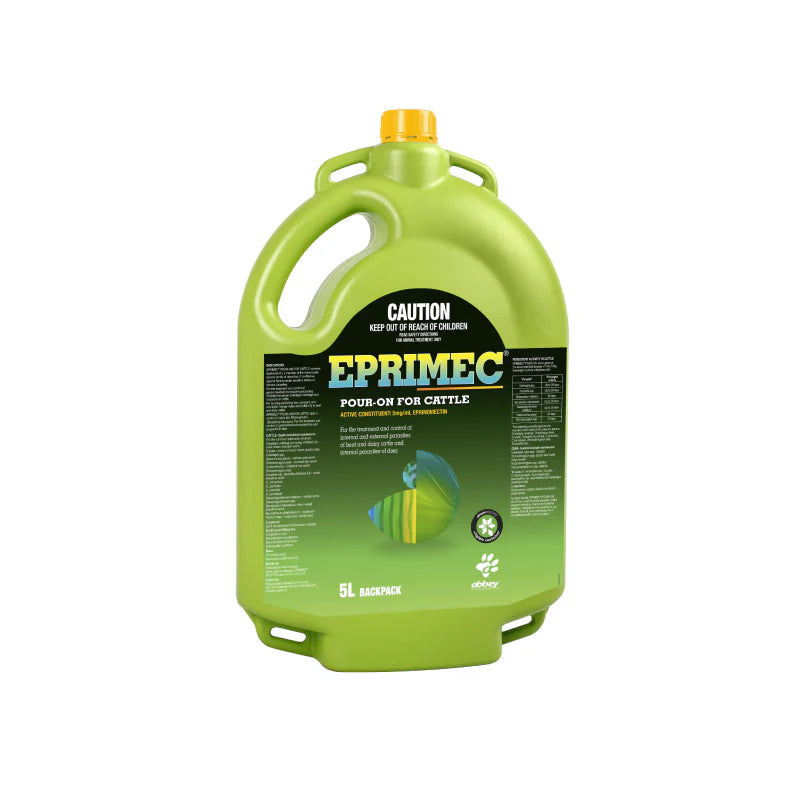 Green 5 litre container of Eprimec pour-on for cattle on a white background