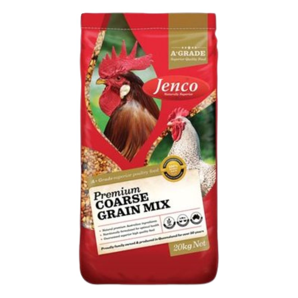 Bag of Jenco Premium Coarse Grain Mix with a rooster and hen illustration on a red background