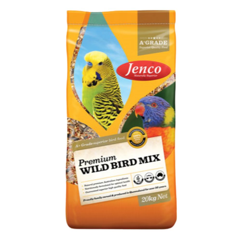Jenco Premium Wild Bird Mix packaging with a parrot illustration on a white background