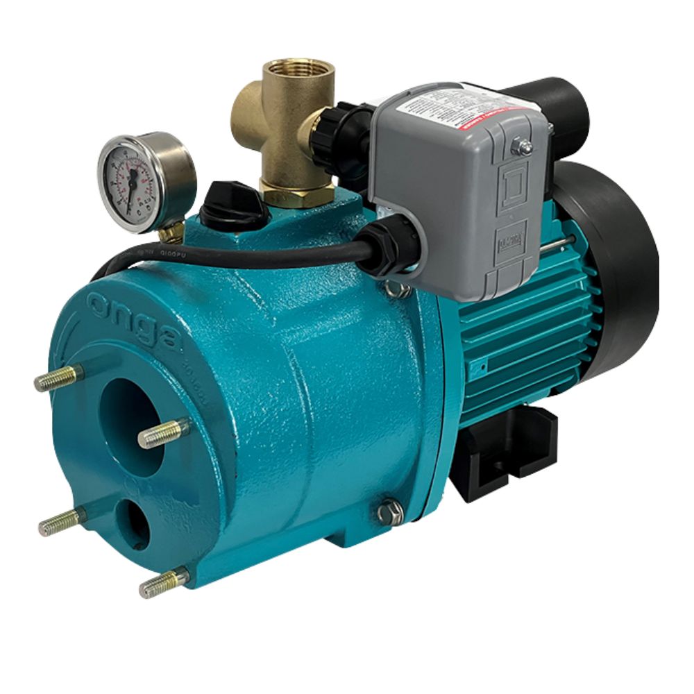 Teal pump with various components on a white background