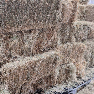 Close-up of a bale of hay on a black pallet.