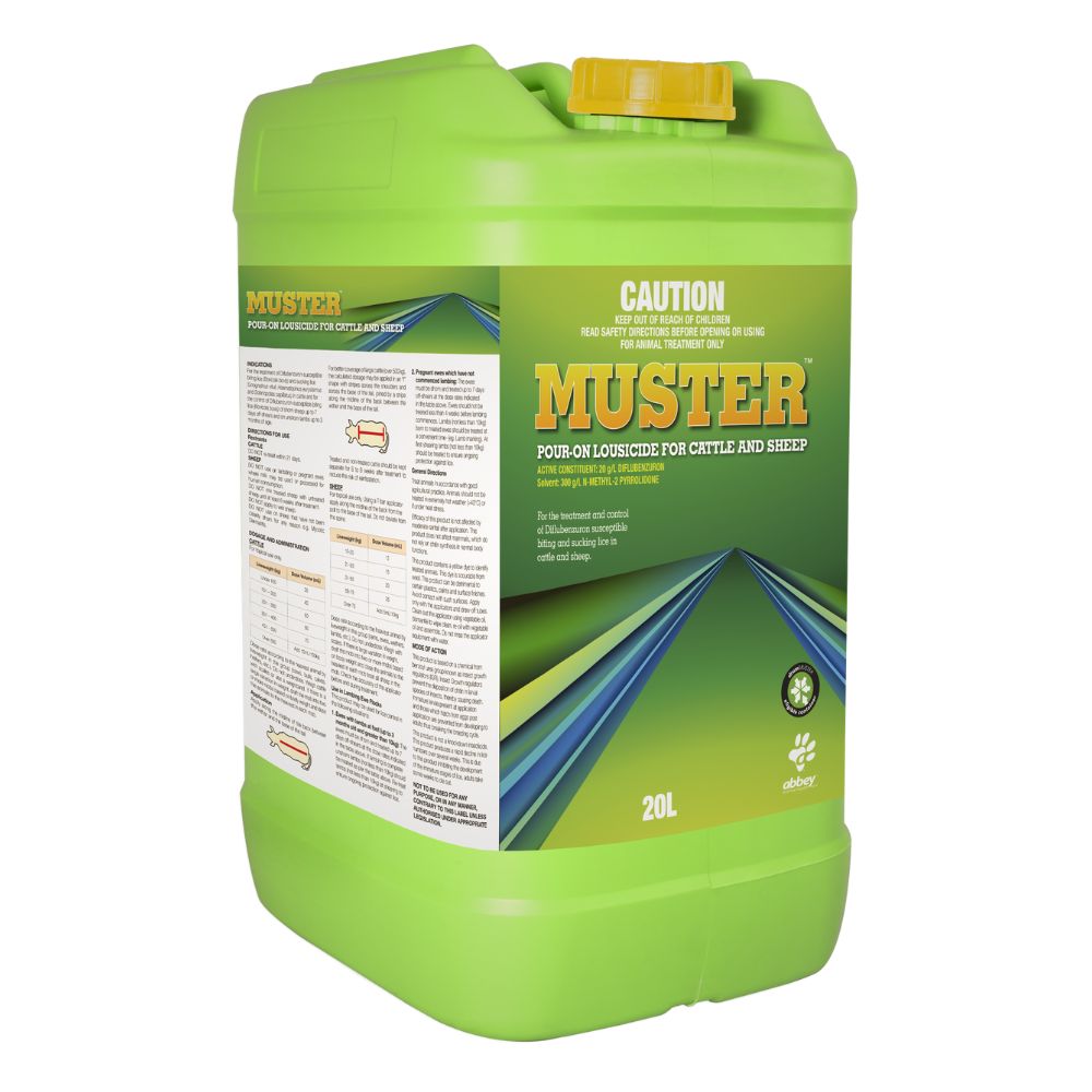 Green Muster 20 litre container with yellow lid on a white background
