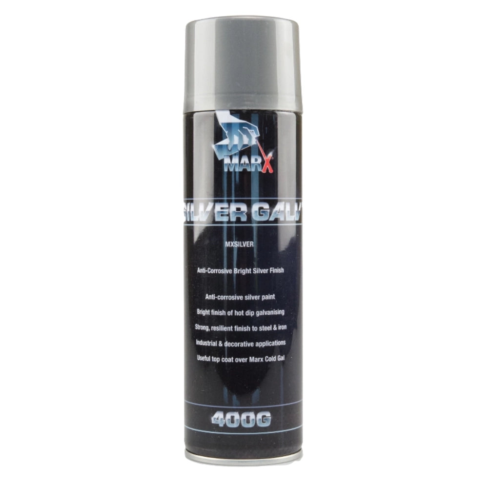 Silver galvanising spray can with 'MARX' branding on a white background