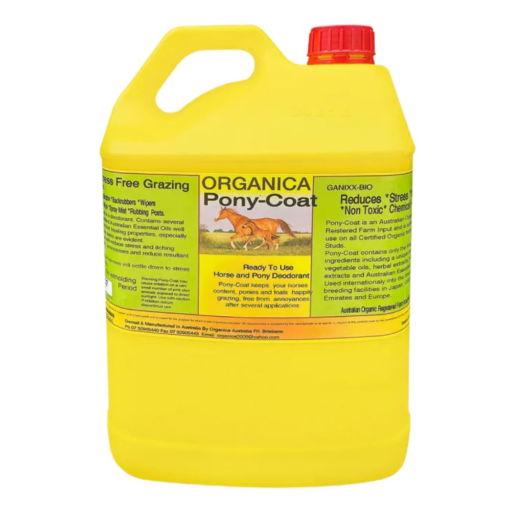Yellow bottle of Organica Pony-Coat on a white background