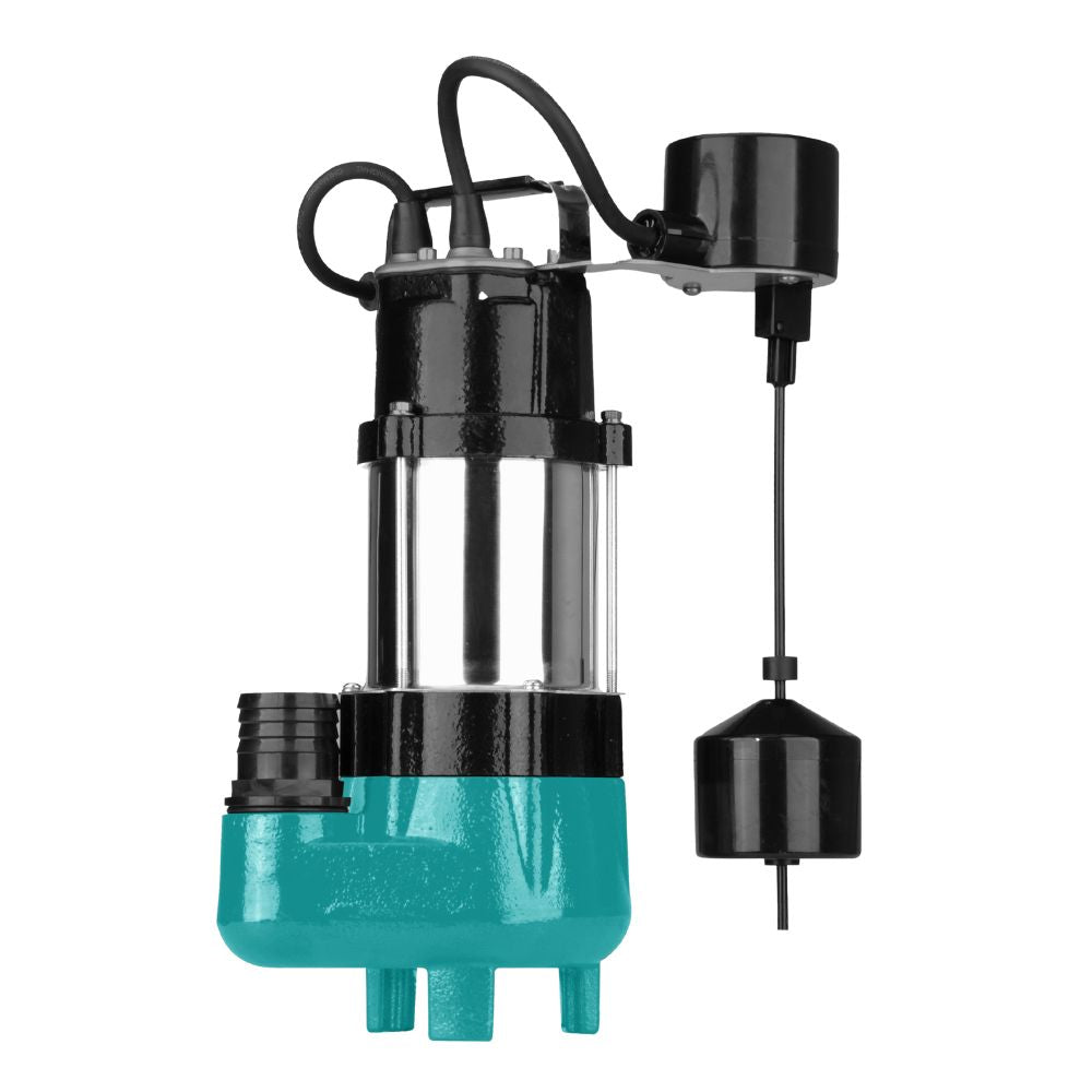 Submersible pump with a green body and black components on a white background