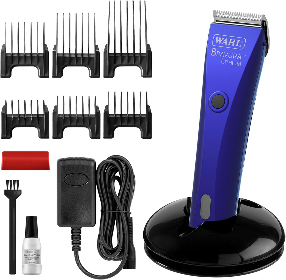 Wahl Bravura Lithium hair trimmer set with attachments on a white background