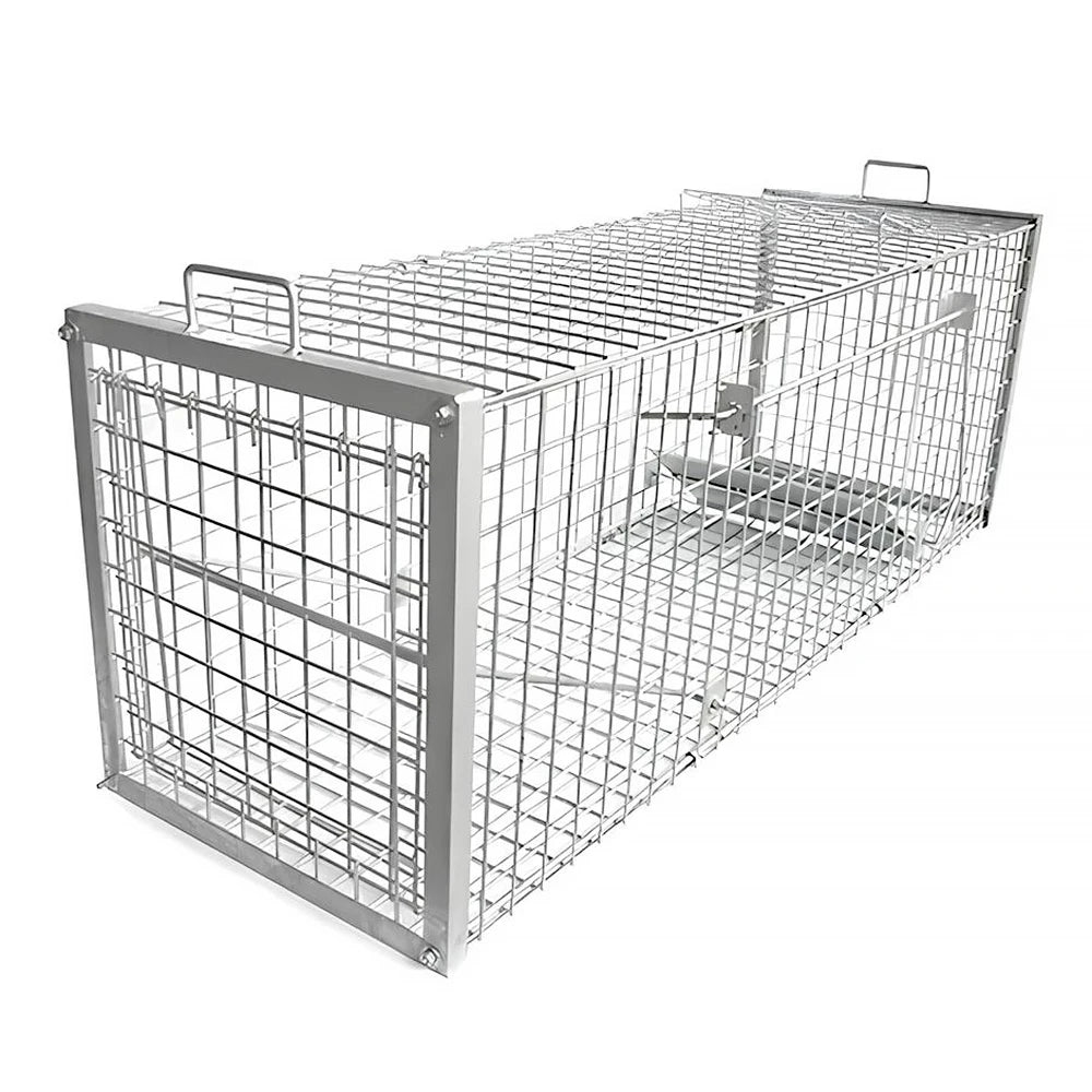 An extra-large galvanised steel fox and boar cage trap with dual carry handles.
