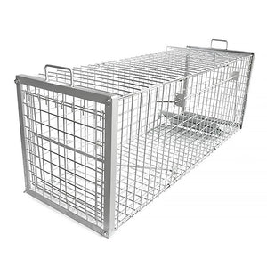 An extra-large galvanised steel fox and boar cage trap with dual carry handles.