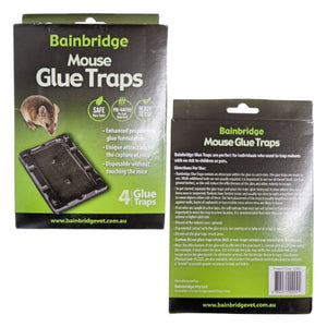 Bainbridge Mouse Glue Traps packaging with front and back views on a white background