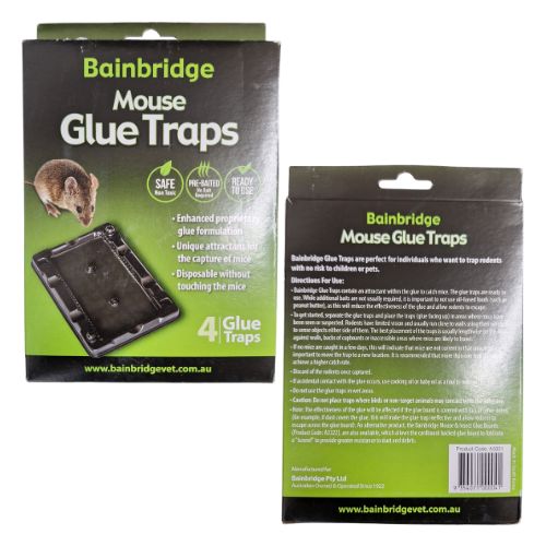 Bainbridge Mouse Glue Traps packaging with front and back views on a white background