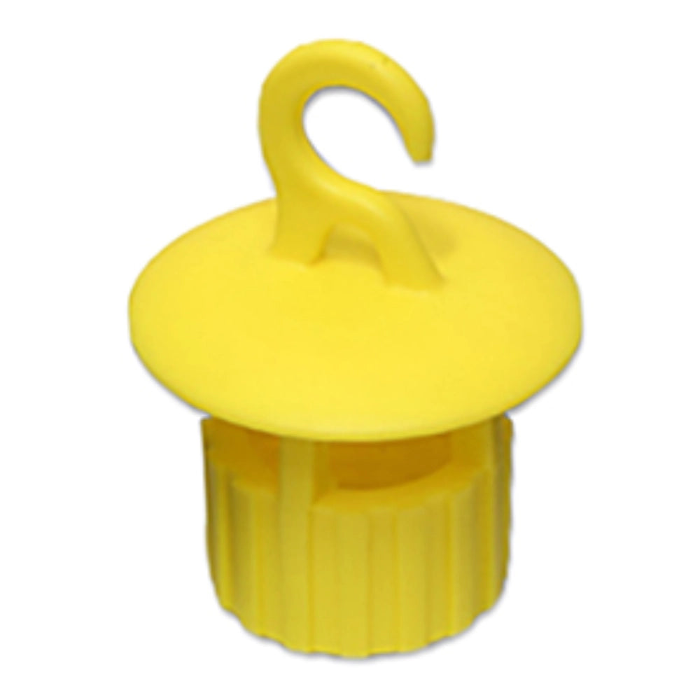 Yellow plastic hooked bottle attachment for a fly trap on a white background
