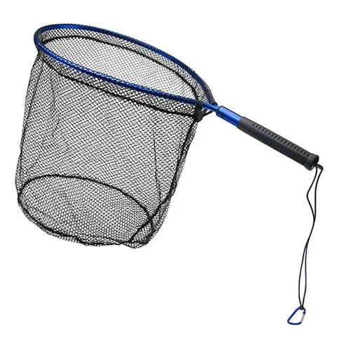 Bird catching net with blue handle and black mesh on a white background