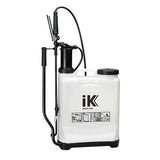 White backpack sprayer with black accents on a white background, featuring the iK brand.