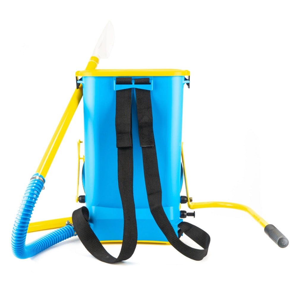 Blue backpack sprayer with yellow accents on a white background