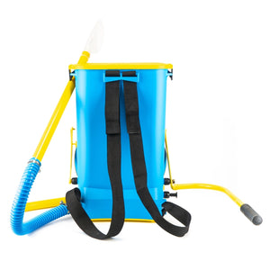 Blue backpack sprayer with yellow accents on a white background