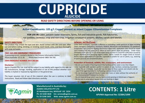 Cupricide algicide 1L label with safety information and product details.
