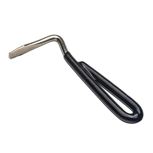 Metal hoof pick with black handle on a white background