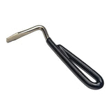 Metal hoof pick with black handle on a white background