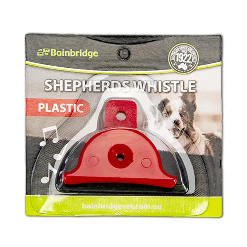 Packaged red shepherd's whistle with Bainbridge branding on a white background