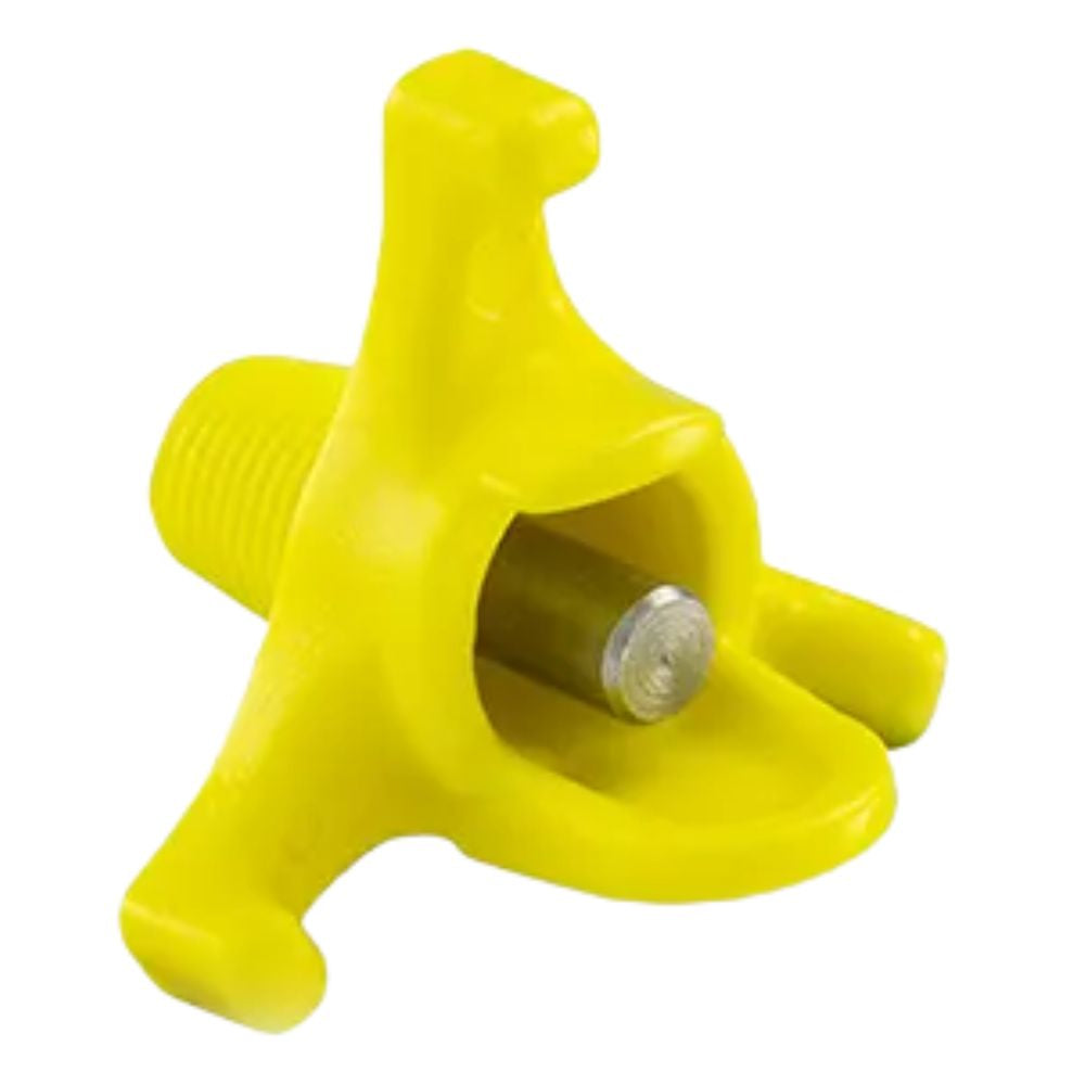 Yellow plastic poultry nipple drinker with a central cylindrical component on a white background