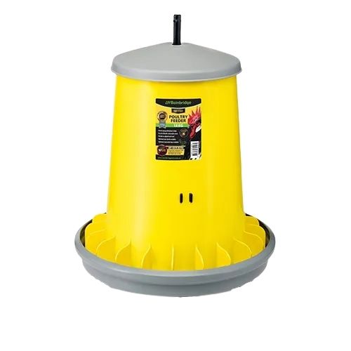 Yellow poultry feeder with gray base on a white background