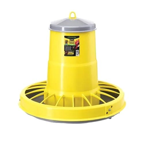 Yellow poultry feeder with a label on a white background