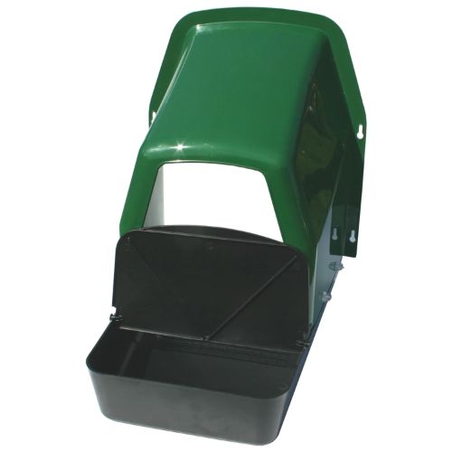Green and black plastic chicken nesting box on a white background
