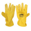 Pair of yellow leather gloves with 'Ag Boss' branding on a white background