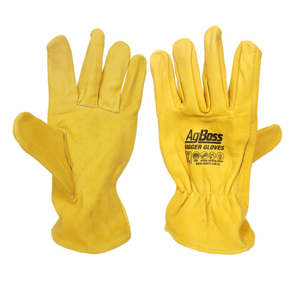 Pair of yellow leather gloves with 'Ag Boss' branding on a white background