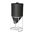 A black cylindrical 200 litre mini silo with galvanised metal stand