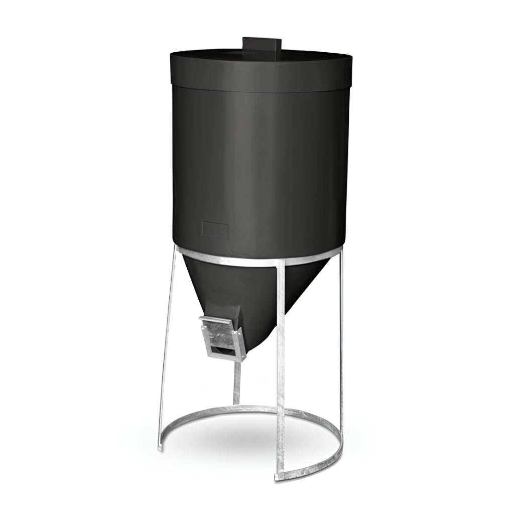 A black cylindrical 200 litre mini silo with galvanised metal stand